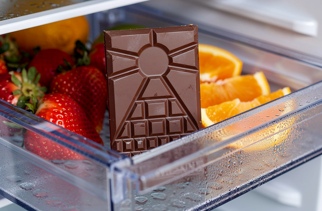 Tablette de chocolat noir Casteldanne conservée dans le tiroir d'un réfrigérateur ouvert en été.