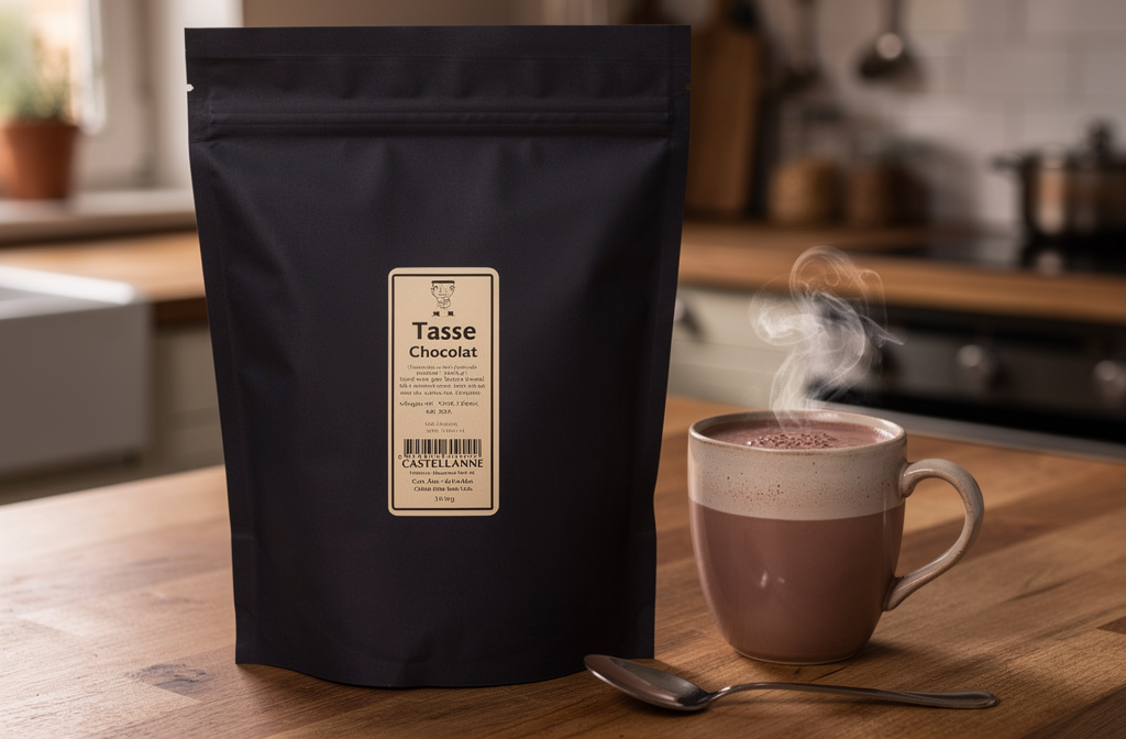 Sachet de chocolat chaud Castellanne Tasse Chocolat posé sur un comptoir en bois à côté d'une tasse fumante de chocolat chaud maison.