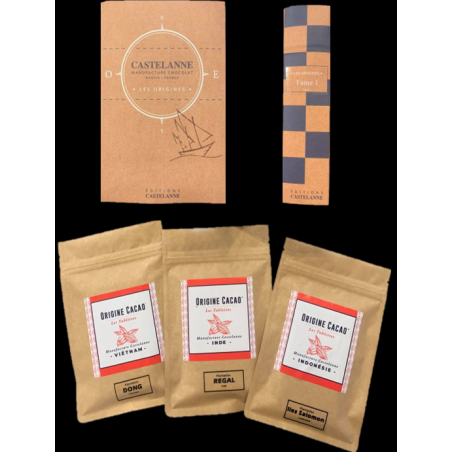 Gamme de tablettes de chocolat artisanal Castelanne: trois sachets kraft with origines cacao Vietnam, Inde et Indonésie, emballages vintage orange et bleu, fonds noir.