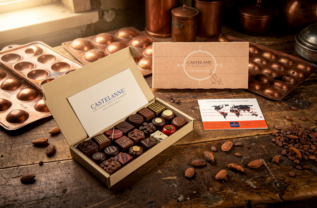 Coffret de chocolats artisanaux présenté dans l'atelier d'un chocolatier.