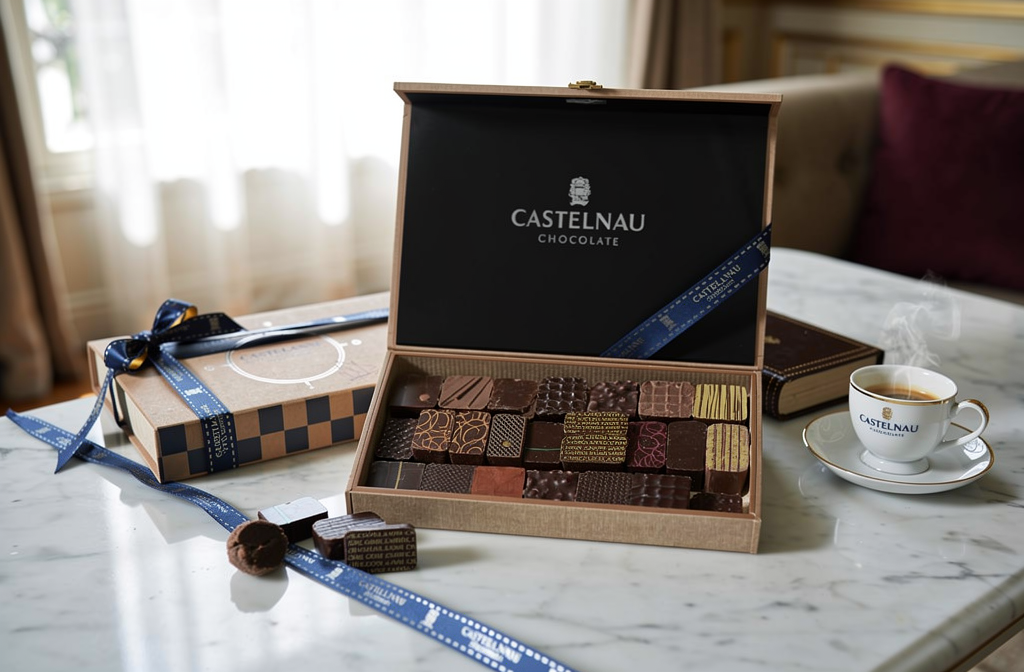 Coffret de chocolats artisanaux Castelnau présenté sur un comptoir élégant