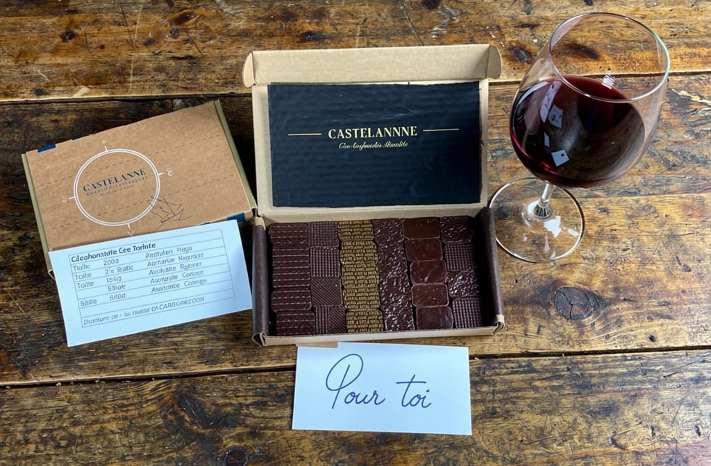 Boîte de chocolats assortis Castelanne ouverte sur une table en bois avec un verre de vin rouge et une carte cadeau.