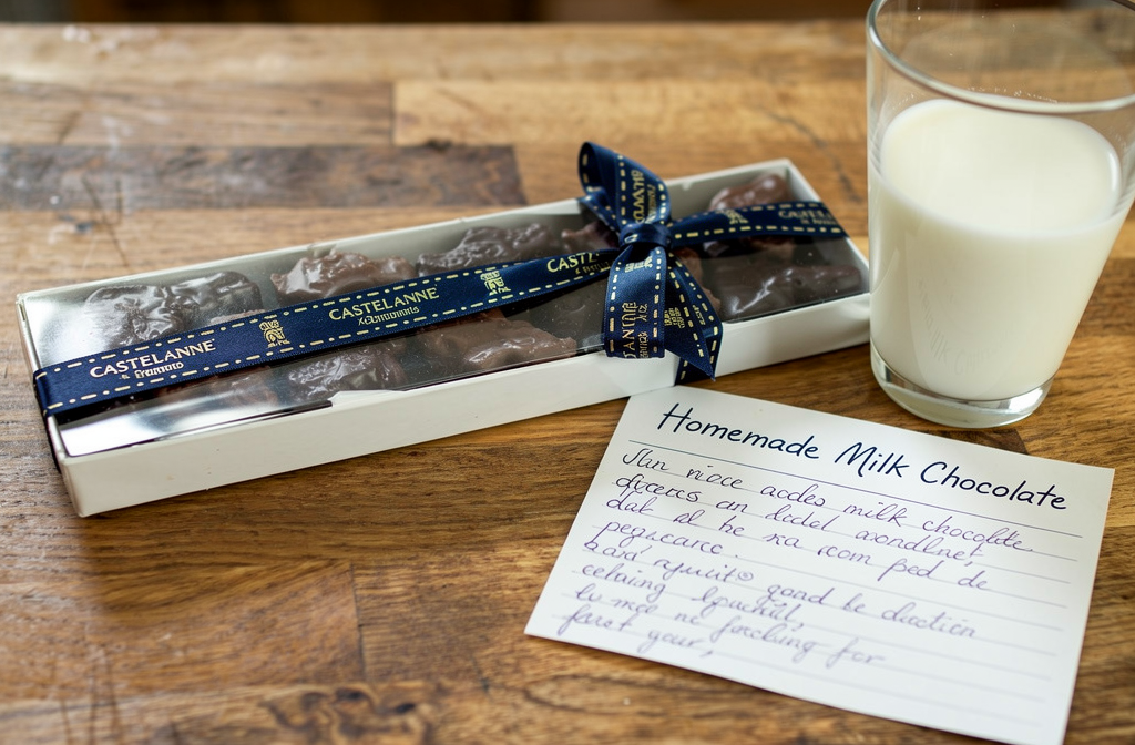 Coffret cadeau de chocolat avec ruban bleu sur un comptoir de cuisine en bois