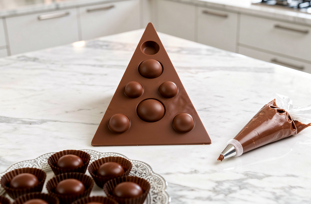 Moule triangulaire en chocolat rempli de ganache au chocolat au lait sur un plan de travail de cuisine.