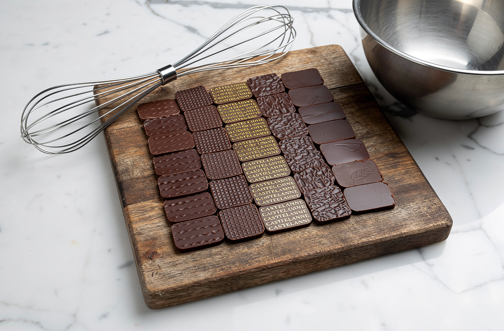 Tablettes de chocolat artisanal disposées sur une planche à découper en cuisine, prêtes pour préparer une ganache.