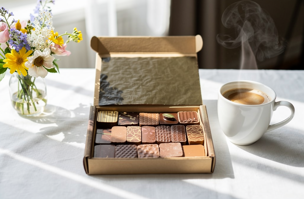 Coffret de chocolats de Pâques artisanaux ouvert sur une table de petit-déjeuner
