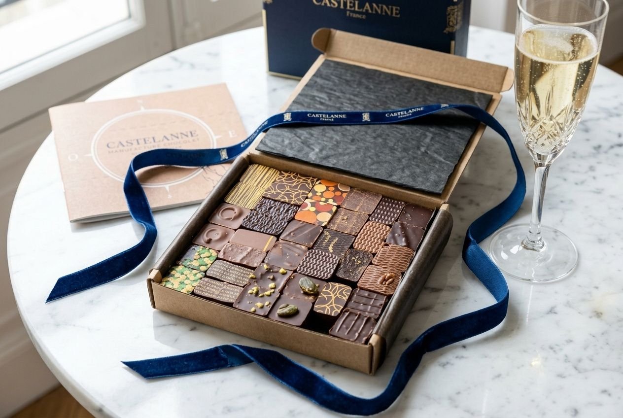 Assortiment de chocolats artisanaux Castelanne dans une boîte cadeau, ouverte sur la table avec ruban bleu et flûte de champagne.