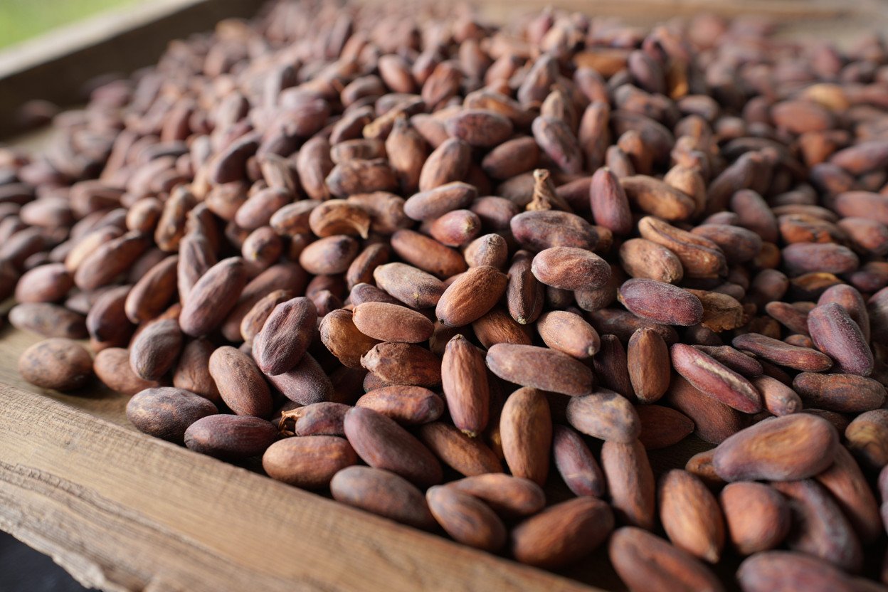 Grains de cacao bruns sur une table en bois, mention forestaro et cacao Bahia, artisanat Castelanne Nantes (gros plan)