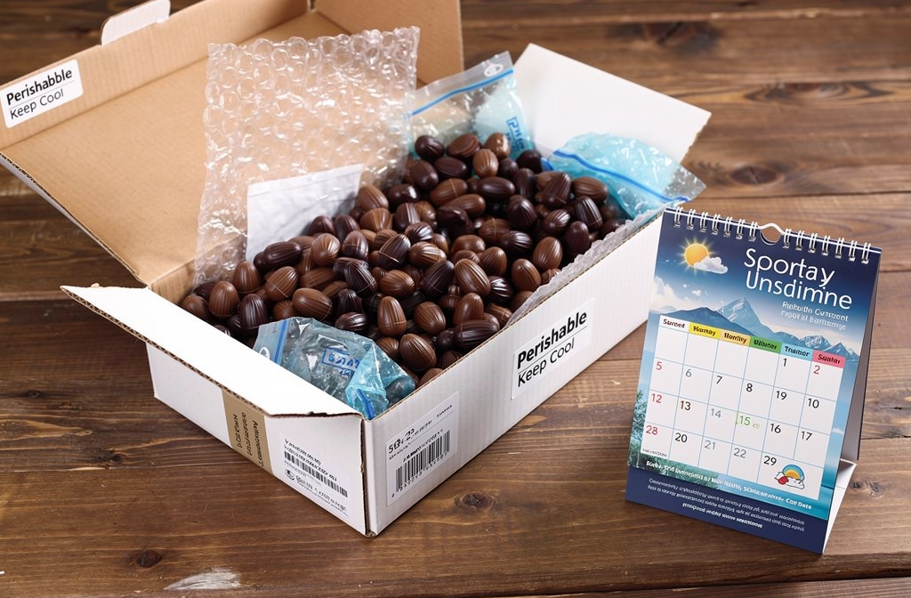 Chocolats fins emballés dans un colis postal isotherme pour envoi sécurisé