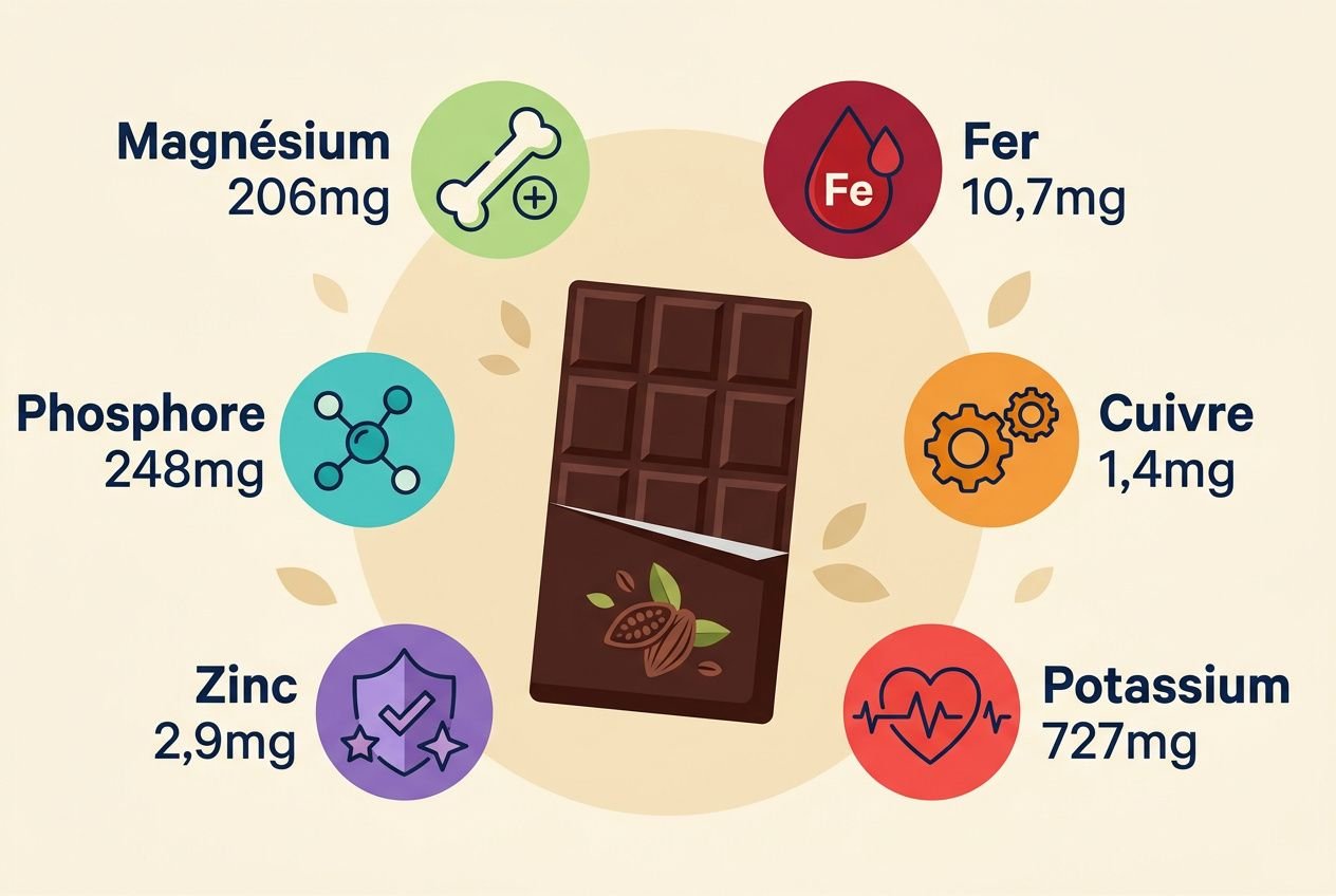 Barre de chocolat au centre avec nuis emblèmes et valeurs nutritionnelles autour (magnésium, fer, cuivre, potassium, zinc, phosphore) illustrant la composition nutritionnelle chocolat.