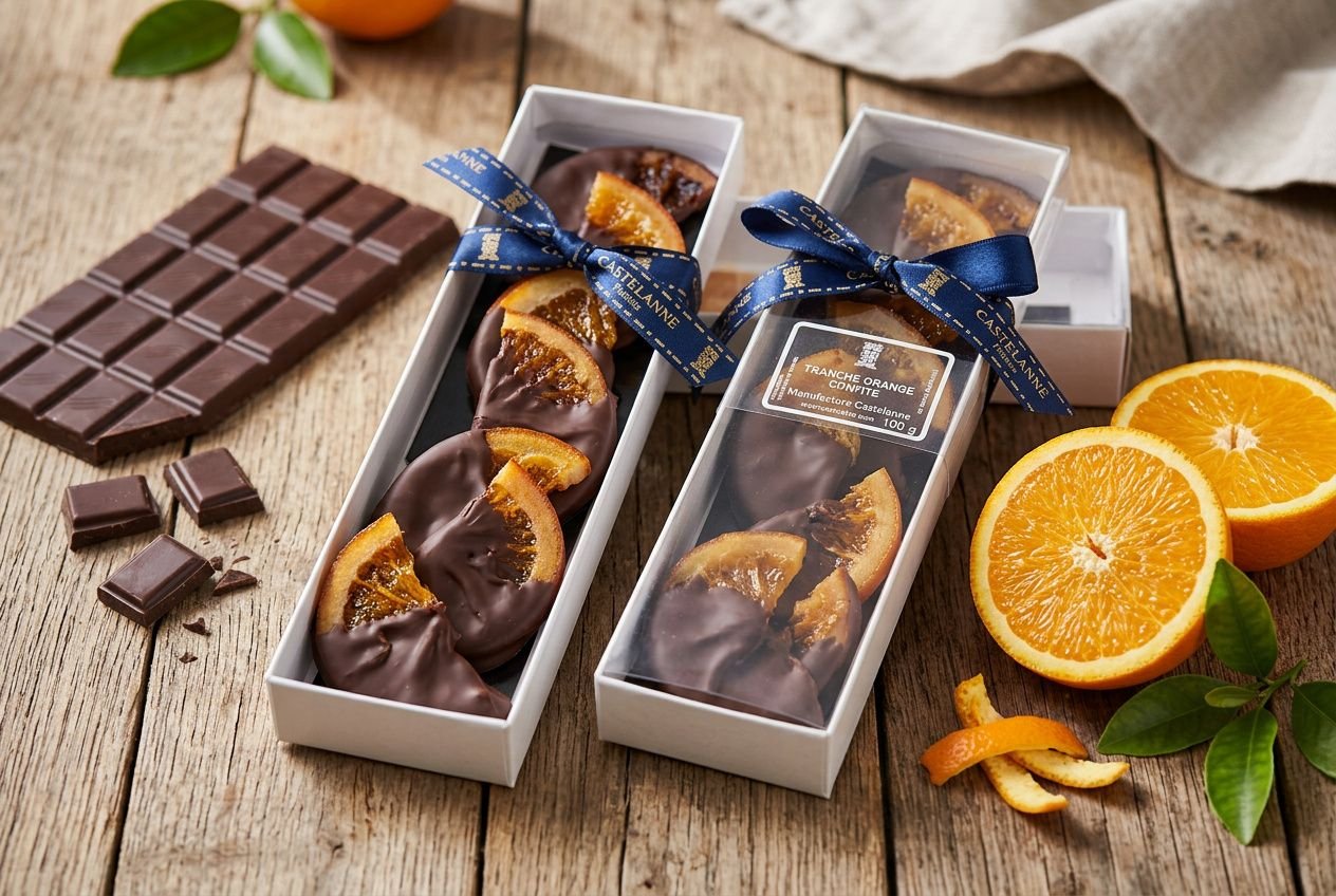 Barrettes de chocolats au chocolat noir garnies d’agrumes confits, présentées dans des boîtes blanches élégantes avec rubans bleus. Oranges et zestes décorent l’arrière. agrumes avec le chocolat est illustré.
