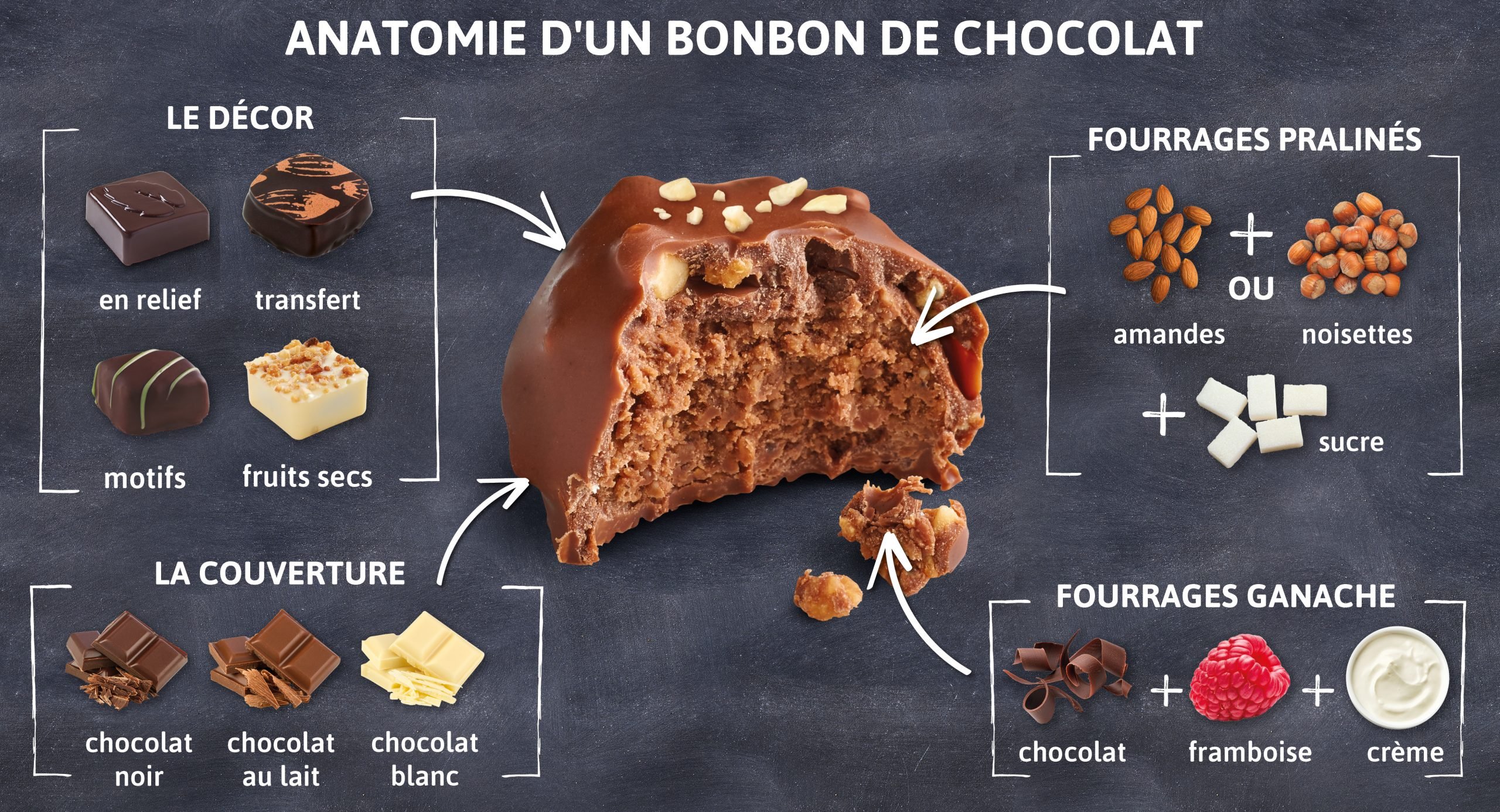 Œuf en chocolat noir fourré praliné avec décoration et morceaux, entouré des composants: décor, couverture, fourrages pralinés, fourrages ganache et garnitures.