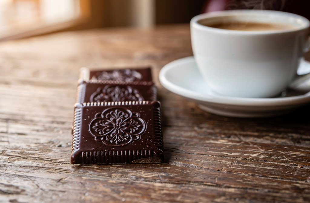 Carrés de chocolat noir artisanal disposés sur une table en bois dans un café français.