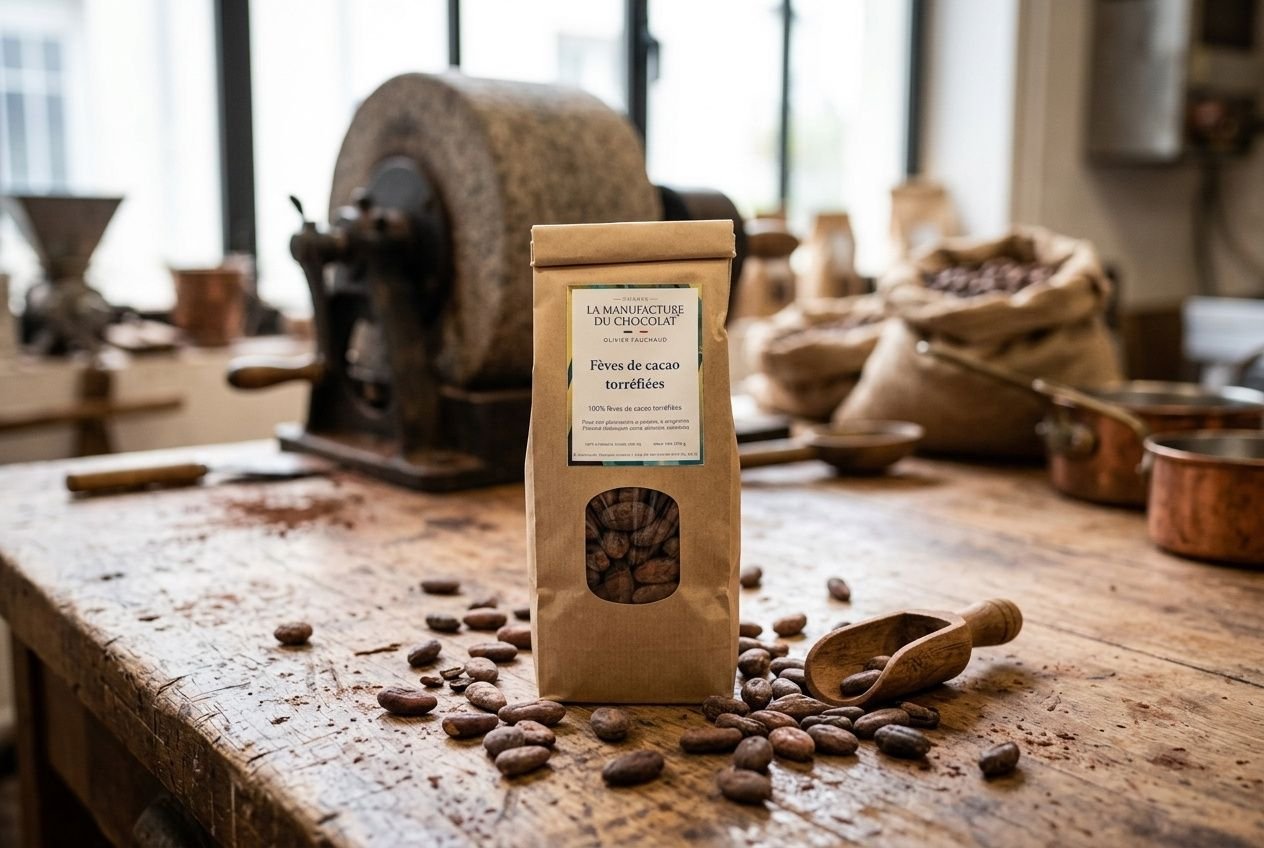 Boîte de cacao torréfié sur une table en bois, entourée de grains de cacao et d’outils de torréfaction dans un atelier artisanal. Invite à découvrir les meilleurs chocolatiers artisans nantes.