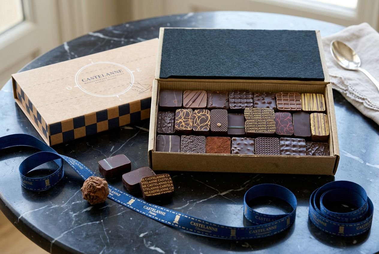 Boîte de chocolats artisanaux assortis, emballage Carte d’or Castelnane, ruban bleu et bouchées pralines sur table en marbre, chocolat d’exception.