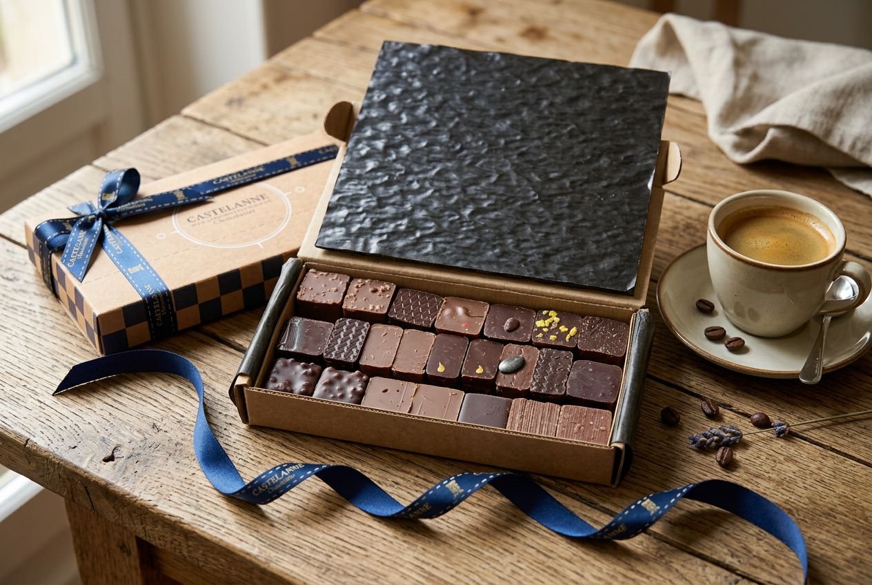 Boîte de chocolats assortis à moitié ouverte sur une table en bois, à côté d’un café; ruban bleu et cadeau élégant. où trouver bon chocolat.