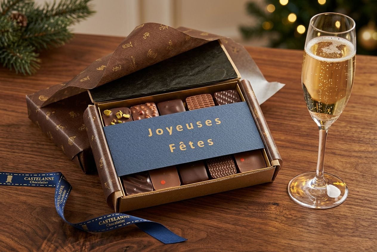 Boîte de chocolats assortis brossée de papier noir et doré, écrite “Joyeuses Fêtes”, accompagné d’un verre de champagne. chocolat pour occasion spéciale.