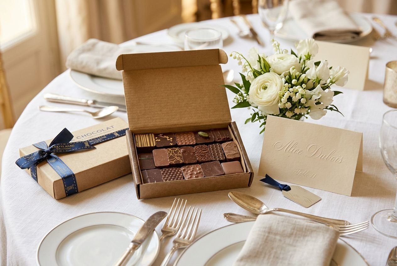 Boîte de chocolats assortis en cadeau, élégamment présentée sur une table de réception avec carte, fleurs et set de table pour invités mariage, chocolat pour invités mariage.