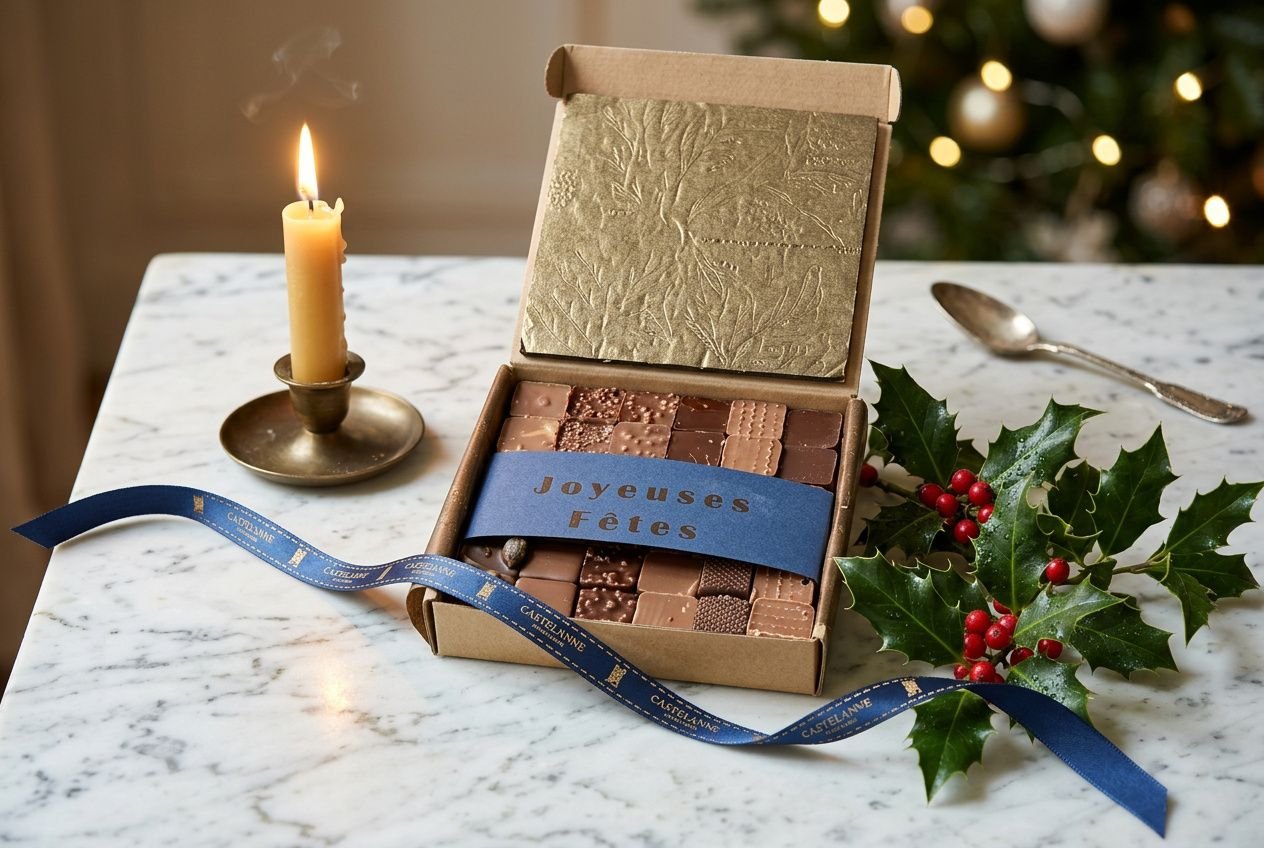 Boîte de chocolats assortis décorée d’un ruban bleu “Joyeuses Fêtes” sur une table marbrée, avec une bougie allumée et des houx, évoquant un chocolat pour occasion spéciale.