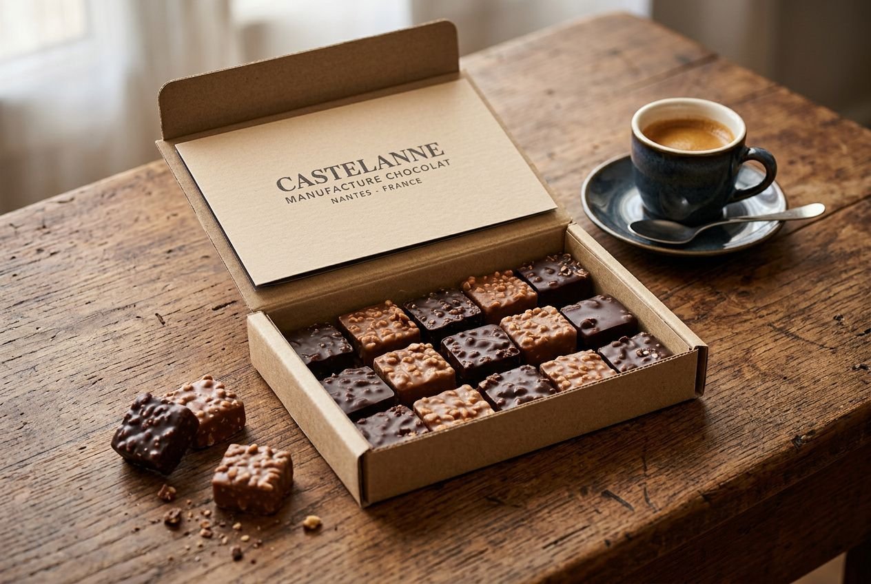 Boîte de chocolats Castelanne artisanaux alignés sur une table en bois, à côté une tasse de café noir et des pièces rongées. Boîte de chocolats Castelanne artisanaux alignés sur une table en bois, à côté une tasse de café noir et des pièces rongées.