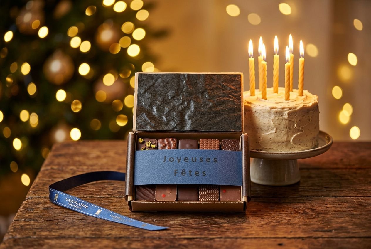 Boîte de chocolats d'anniversaire ouverte sur une table, coffret présentation “Joyeuses Fêtes” près d’un gâteau à étages avec bougies, ambiance festive.