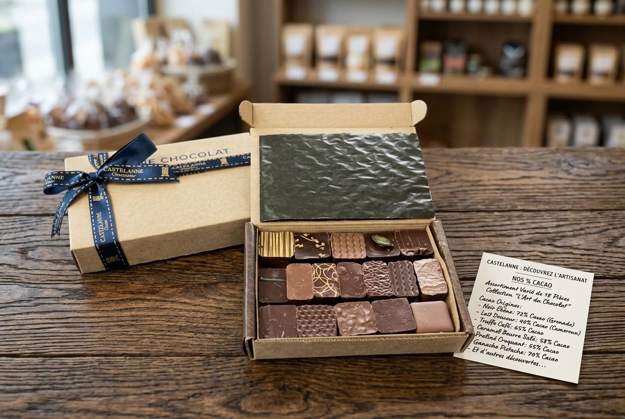 Boîte de chocolats noir assortis prête à être dégustée, ouverte sur une table en bois dans une boutique. Inclut une fiche d’ingrédients et une boîte-calette décorée. Meilleurs chocolats de grande surface.