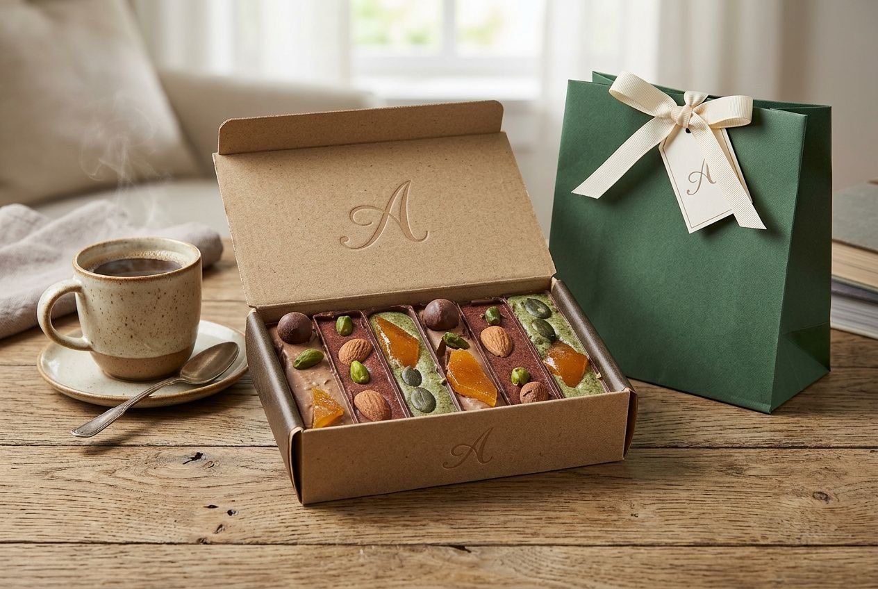 Boîte de chocolats pralinés ouverte avec 8 pièces variées, à côté d’une tasse de café et d’un sac cadeau vert.
