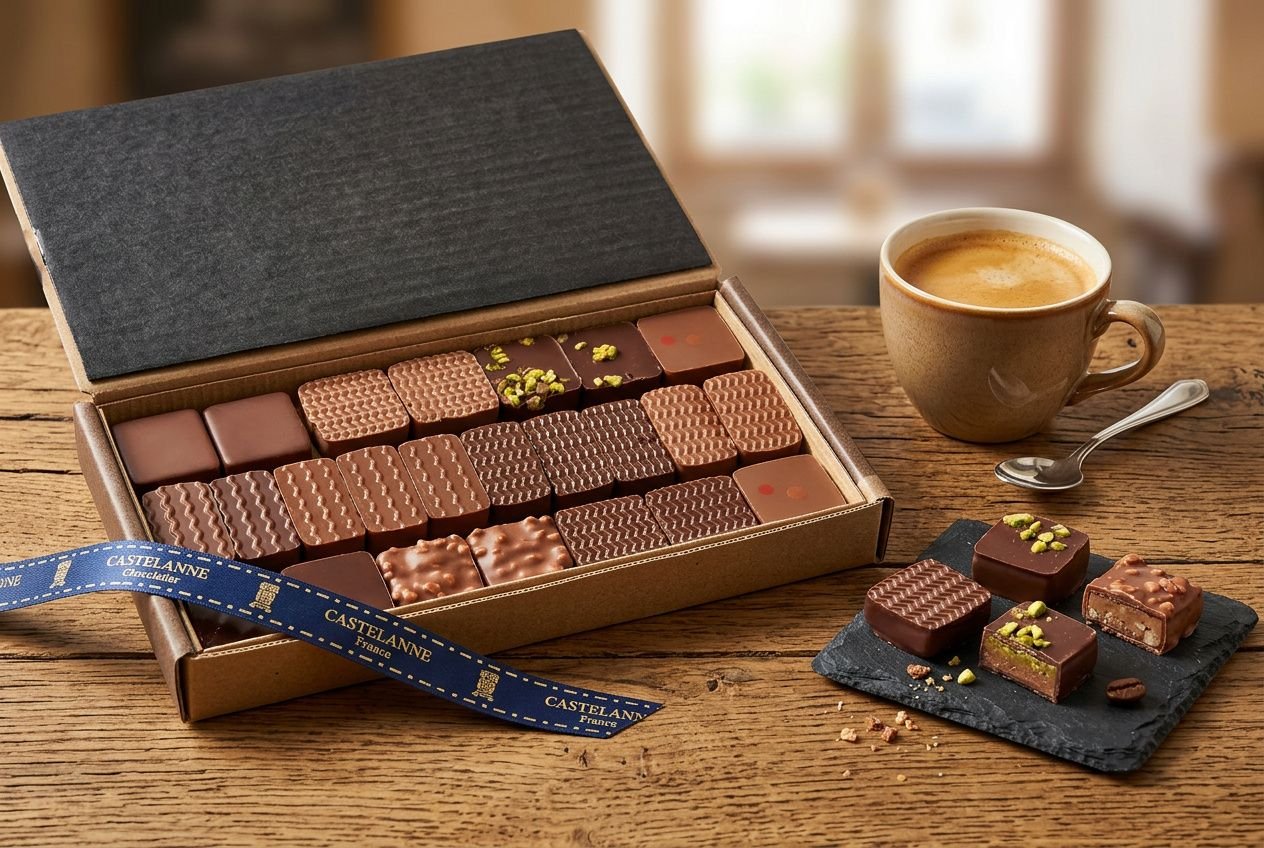 Boîte de chocolats pralinés ouverte sur une table en bois, assortiments de pralines variées et morceaux sur une plaque, avec café et cuillère à proximité.