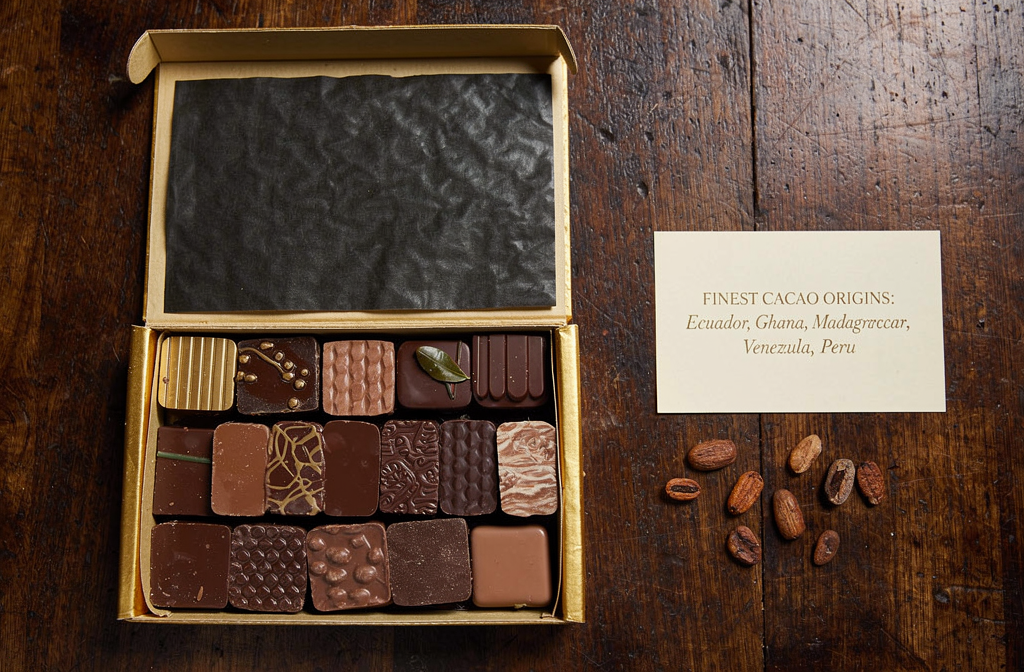 Boîte de chocolats variés ouverts sur un plateau, près d’une carte indiquant les origines du cacao et des grains de cacao à côté. Boîte de chocolats variés ouverts sur un plateau, près d’une carte indiquant les origines du cacao et des grains de cacao à côté.