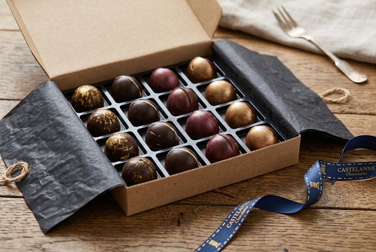 Boîte ouverte de chocolats assortis, rangés dans une grille, prêt à être dégustés. Meilleurs chocolatiers artisans Nantes évoqué.
