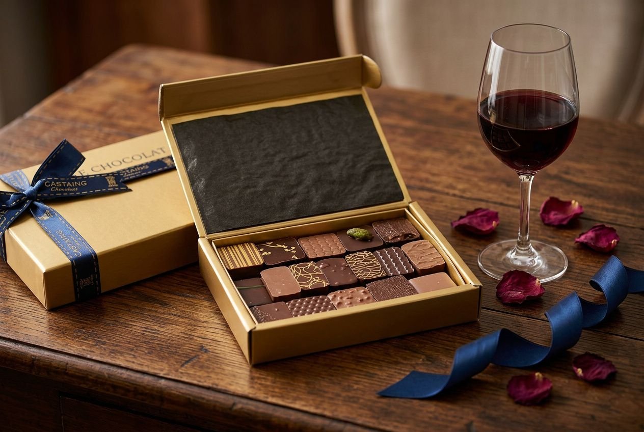 Boîte ouverte de chocolats assortis avec verre de vin et rubans, idée de panier gourmand à offrir près de fleurs séchées sur une table en bois.