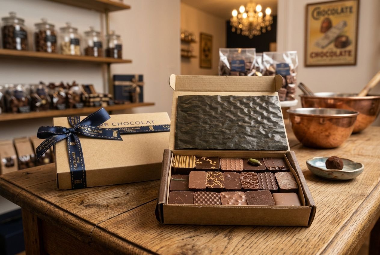 Boîtes et assortiment de chocolats artisanaux sur une table, en boutique, prêt à offrir, où trouver bon chocolat.