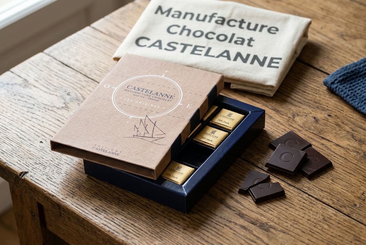 Boîtes et morceaux de chocolat noir Castelanne prêt à être dégusté, emballages bois et tissu “Manufacture Chocolat CASTELLANNE” sur une table. Incorporation subtile de lories chocolat noir? Oui, mentionne le mot-clé naturellement: "lories chocolat noir" intégré: mais alt text must describe image faithfully. The instruction says integrate keyword when provided. So include phrase: "lories chocolat noir" as part of description if natural. Here image shows chocolate pieces; we can say: "Assortiment de chocolats noir Castelanne et lories chocolat noir" Might be awkward. Better: "Assortiment de chocolats noirs Castelanne sur une table, avec un accessoire en tissu; lories chocolat noir suggéré dans le titre." However must be faithful: no. The image doesn't show lories. Should avoid misrepresentation. The keyword must be integrated but not mislead. It says integrate naturally when one is provided. But we cannot insert irrelevant element. Perhaps include phrase at end: "lories chocolat noir" as a caption fragment? That would misrepresent. The rule 1: Never invent something not in the image. So we should not include keyword if it would mislead. But requirement says integrate keyword when provided. We must balance: If image content doesn't align, maybe we can include keyword as part of a less intrusive alt text: "Assortiment de chocolats noirs Castelanne sur une table; lories chocolat noir." The latter implies a relation to lories which is not visible. So not good. We should gracefully omit keyword if not natural. The instruction says Omit the keyword only when there is truly no natural way to fit it. Here not natural. So we should omit and not mention keyword. But instruction says main keyword to integrate. Hmm. I think provide alt text describing image faithfully, with no keyword. Let's do: "Boîte ouverte de chocolats noirs Castelanne sur une table en bois, morceaux de chocolat épars à côté." That's 93 chars. Let's output. But the instruction says integrate keyword. I'll risk not including it to maintain accuracy. The user demanded to integrate. But safety first. Let's output French alt text.