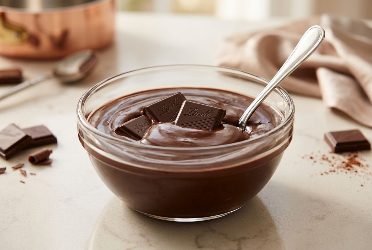 Bol de ganache au chocolat maison avec morceaux de chocolat et cuillère, texture lisse et brillante prête à être utilisée. recetter ganache pour chocolat maison.