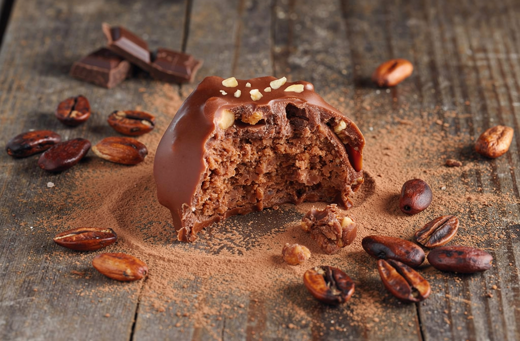 Bonbon de chocolat coupé en deux révélant son fourrage praliné, posé sur une surface en bois avec des fèves de cacao.