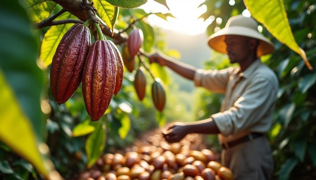 Cacaoier en plantation avec des cabosses rouges pendantes, travailleur récoltant dans un verger de cacao au soleil.