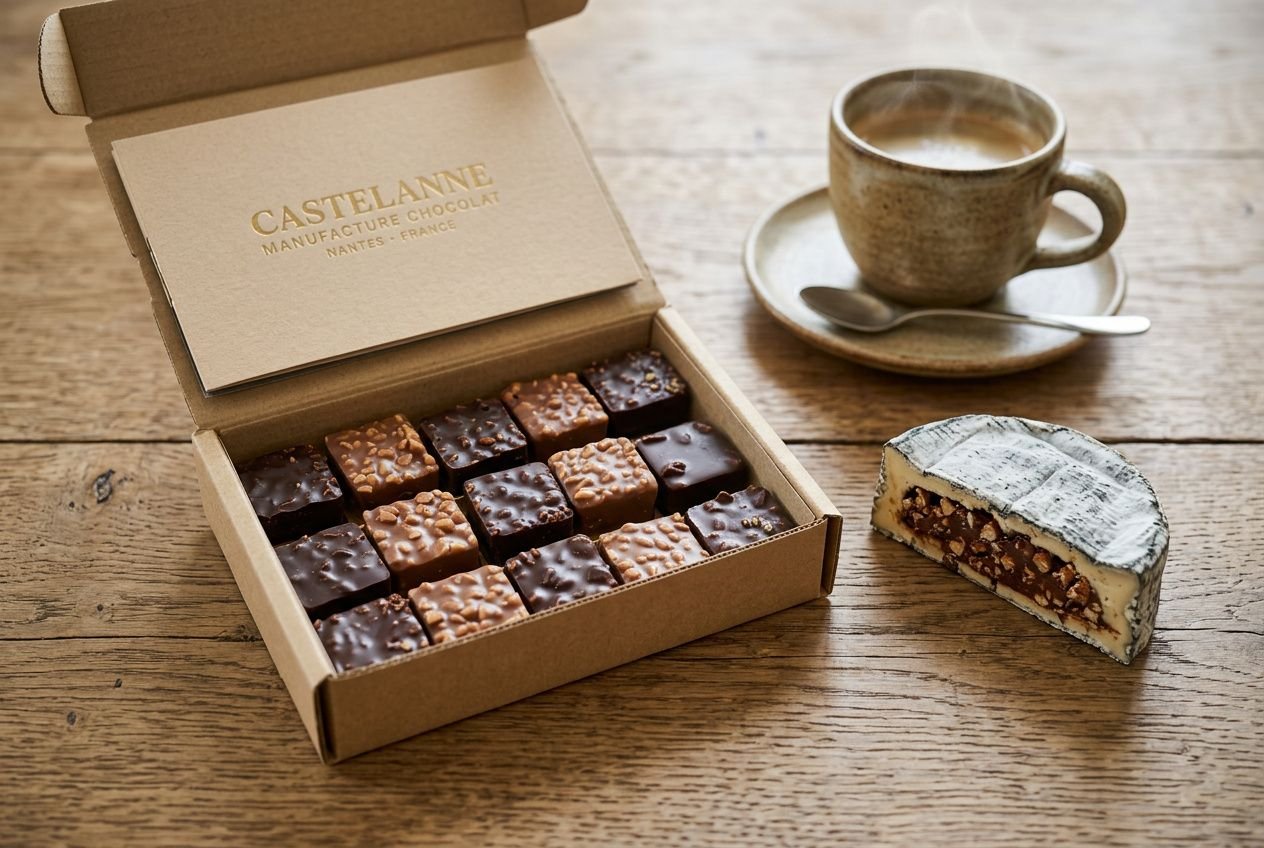 Camembert au chocolat noir et chocolatier box de pralines croustillantes, accompagnés d’un café.