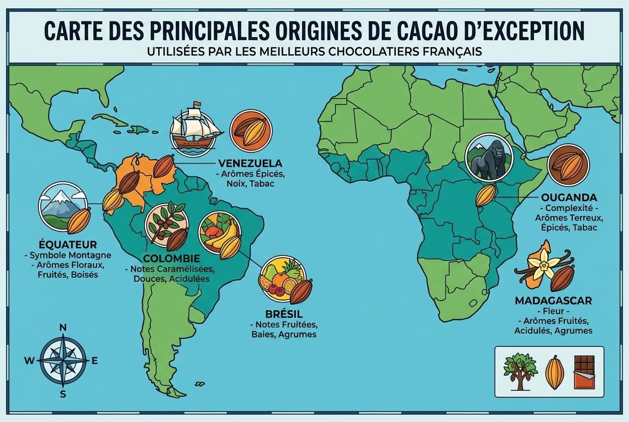 Carte des principales origines de cacao d’exception illustrant les zones productrices et leurs notes aromatiques. meilleur chocolat haut de gamme france