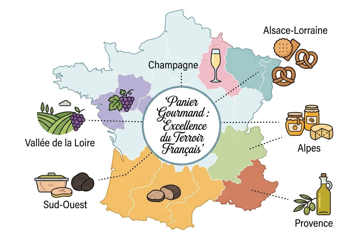 Carte des terroirs français autour d’un coffret: gourmandise d’exception et coffret gastronomique haut de gamme.