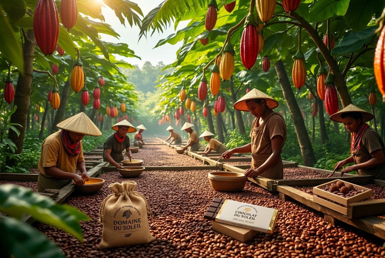 Champ de cacao en ferme tropicale avec ouvriers triant les fèves et sacs de cacao; concept de chocolat d'exception et meilleur chocolat haut de gamme france.