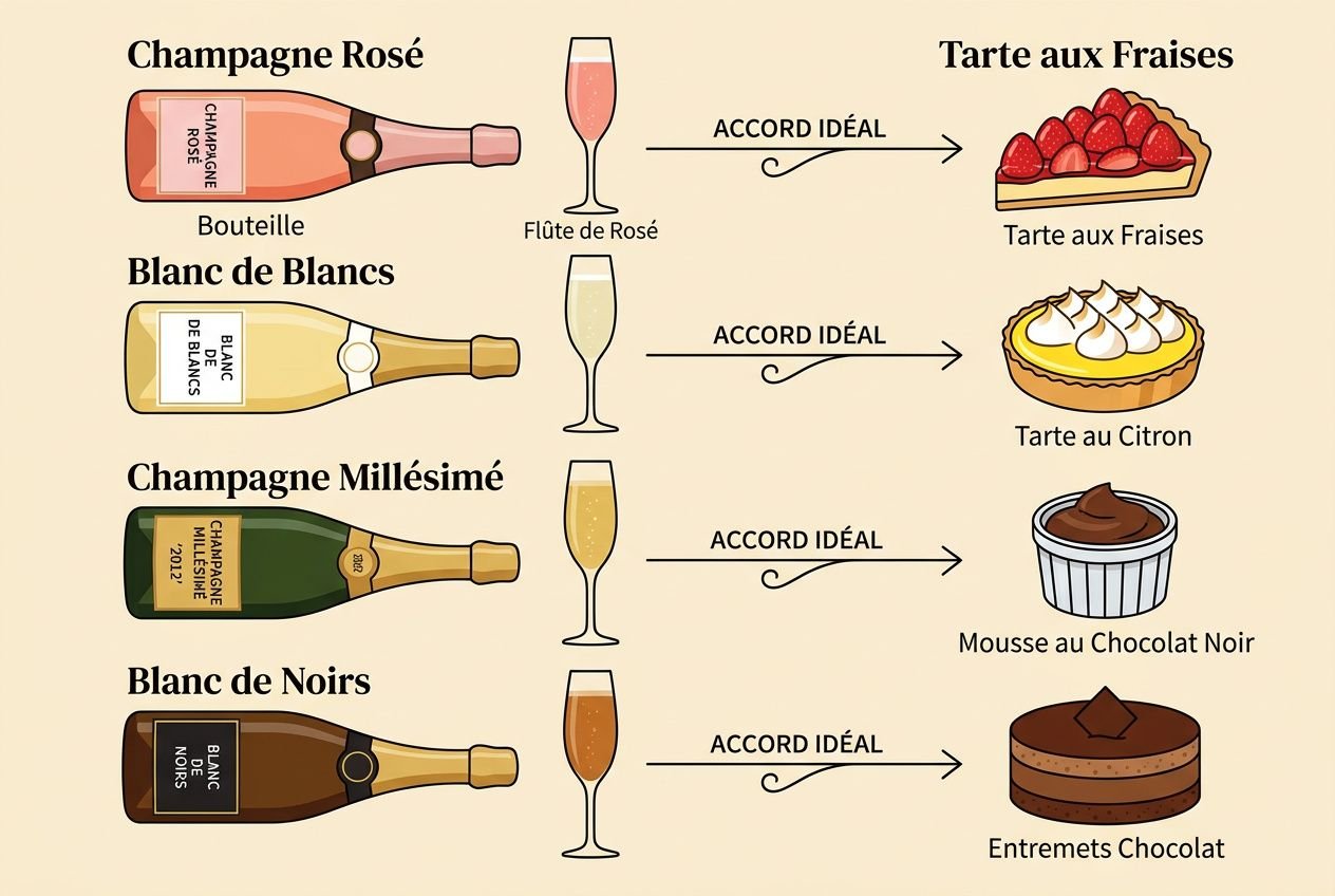 Champagne Rosé, Blanc de Blancs, Champagne Millesimé et Blanc de Noirs accompagnés de desserts : Tarte aux Fraises, Tarte au Citron, Mousse au Chocolat Noir et Entremets Chocolat en accord idéal pour un champagne dessert mariage.