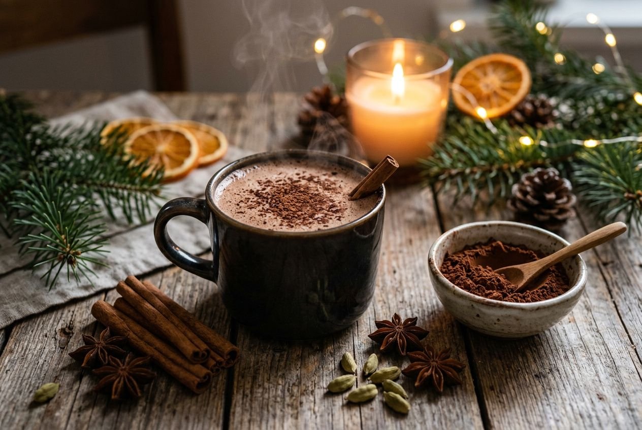 Chocolat chaud aux épices de Noël: tasse fumante près d’épices comme cannelle, cardamome et cacao sur plateau rustique.