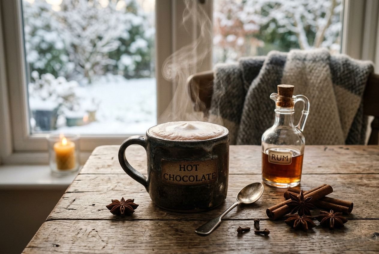 Chocolat chaud fumant dans une tasse émaillée « Hot Chocolate », accompagné d’un flacon de rhum et d’épices sur une table en bois.