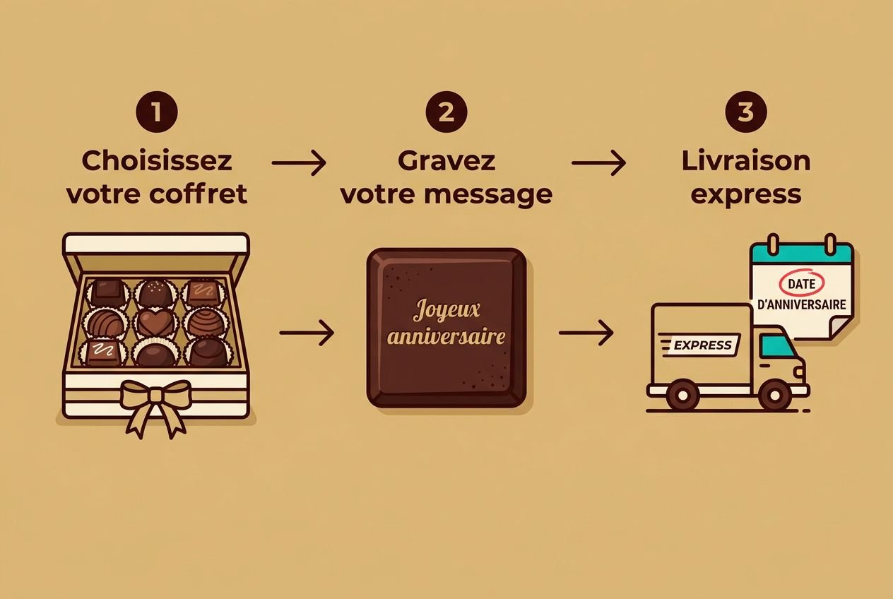 Coffret cadeau chocolat anniversaire : étape choix coffret, gravure message “Joyeux anniversaire” et livraison express.