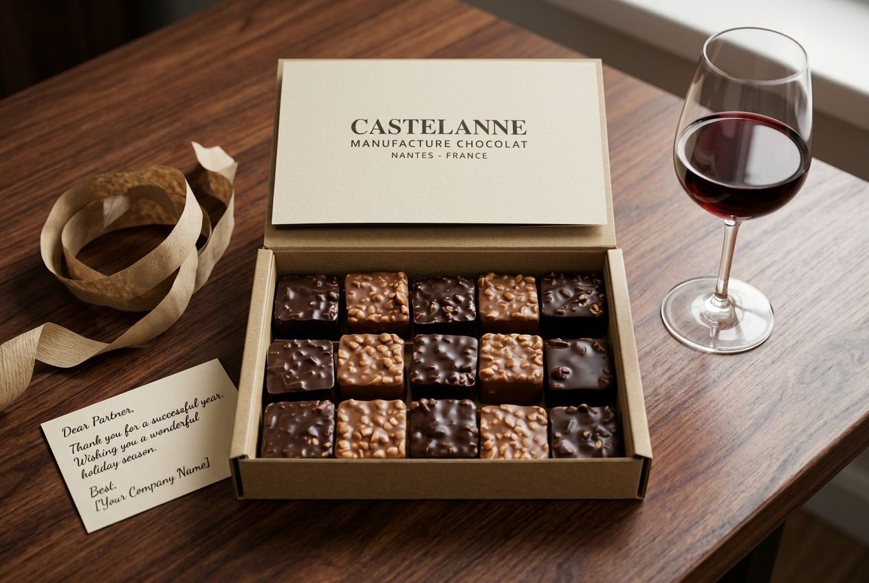 Coffret gastronomique haut de gamme with box of chocolates et verre de vin rouge sur table, emballage chic et note personnalisée de cette expérience gourmande.