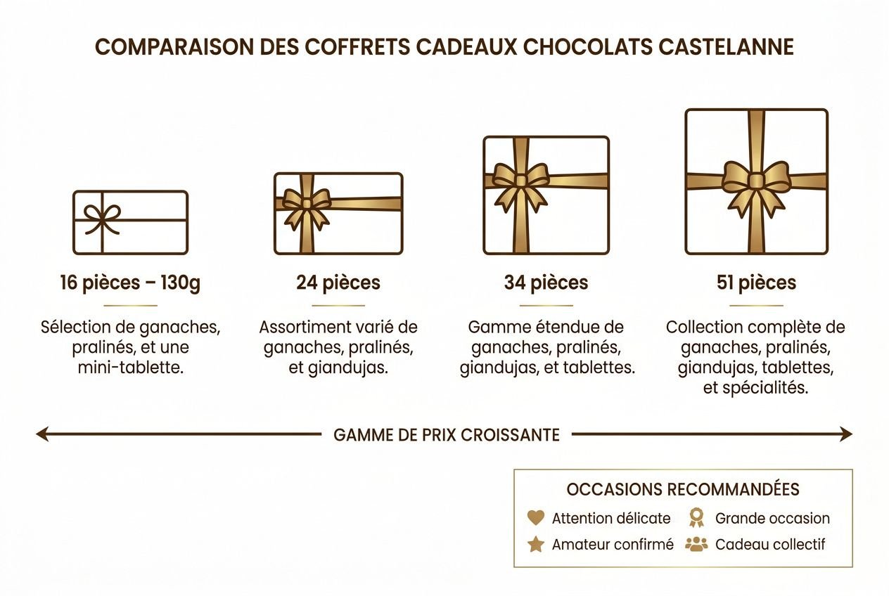 Comparaison des coffrets cadeaux chocolats Castellanne: 16, 24, 34 et 51 pièces, coffrets ornementés avec rubans chocolat; catégories et prix croissants. chocolat anniversaire