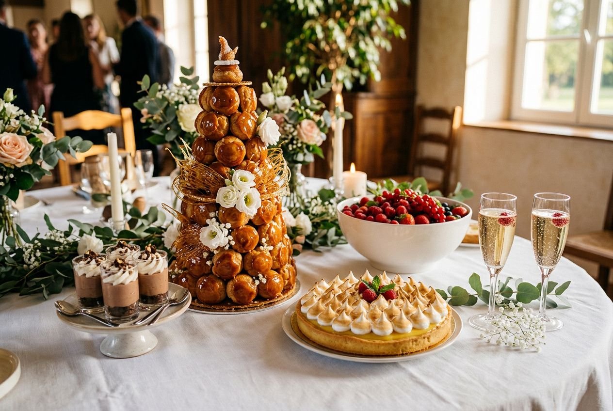 Corps de dessert avec champagne à l’occasion d’un mariage : pyramide de chouquettes et fleurs blanches, tarte au citron marnissée, verrines chocolat, bol de fruits rouges et flûtes de champagne rosé. champagne dessert mariage intégrée naturellement.