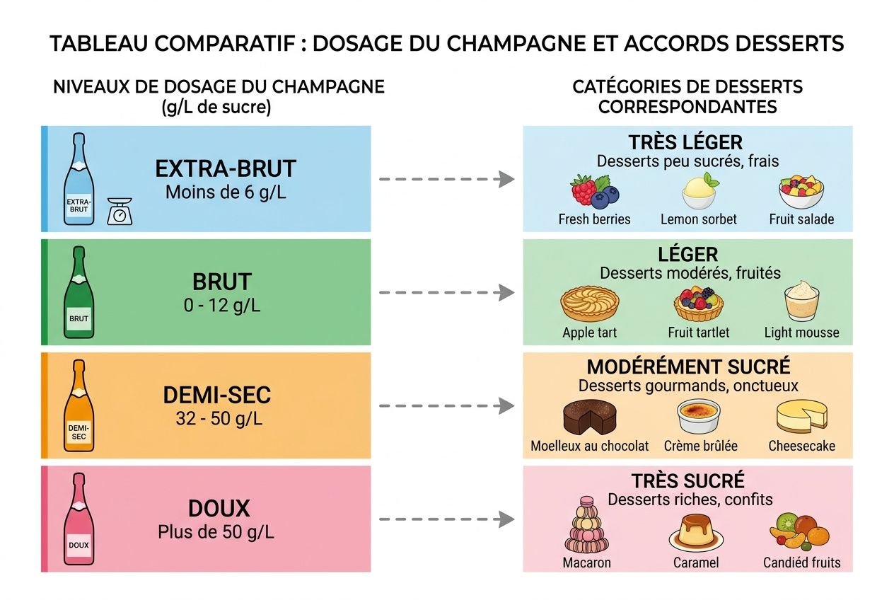 Diagramme montrant le dosage du champagne et les catégories de desserts associées, avec étiquettes couleurs et exemples.