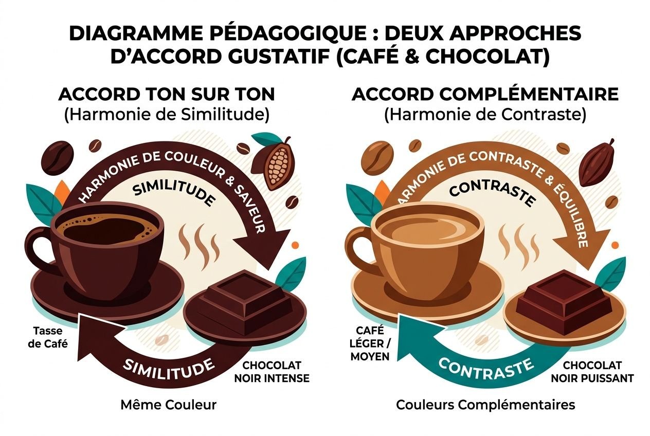 Diagramme pédagogique illustrant deux approches d’accord gustatif entre chocolat et café: ton sur ton et complémentaire, montrant les saveurs et les composants (tasse de café et carré de chocolat noir).