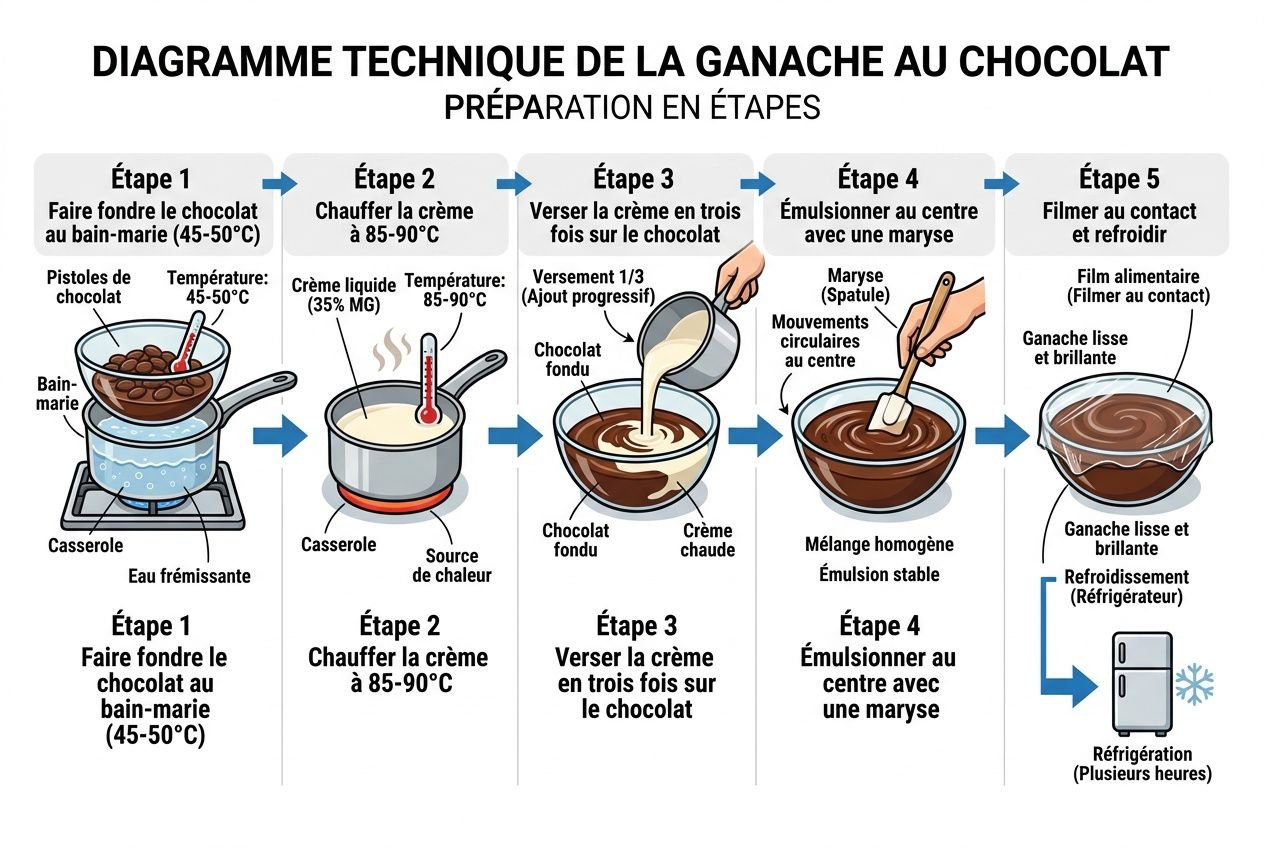 Diagramme technique montrant les étapes de la ganache au chocolat pour gâteau : fondre, chauffer, mélanger et émulsionner, avec refroidissement. Ganache lisse et brillante prête à garnir. Ganache au chocolat pour gâteau.